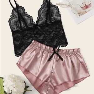 Floral Lace Bralette With Satin Shorts